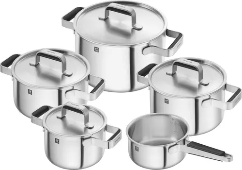 Zwilling Kochtopfset Pure Silber, 5-teilig - Töpfe, 5-teiliges Set mit optimaler Wärmeverteilung und hitzebeständigen Griffen, ideal für vielseitiges Kochen und backofengeeignet.