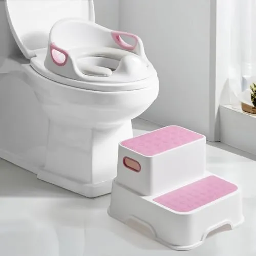 DEANIC Toilettensitz für Kinder mit Tritthocker, Toilettensitz mit Treppe und 2 Stufen Hocker, Toilettenaufsatz Klositz für ab 1-2-3-6 Jahre, 2 Kissen 1 Bürste (Rosa)