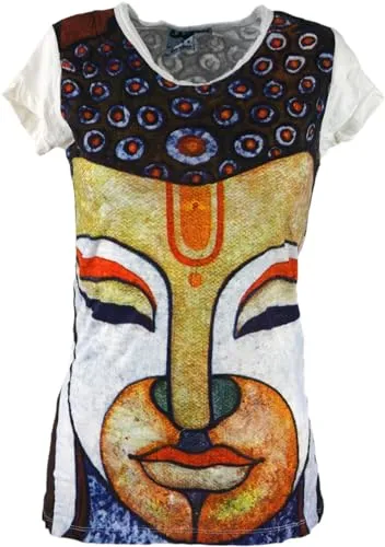GURU SHOP Sure T-Shirt - Buddha Weiß/bunt - Stylisches Damen T-Shirt aus hochwertiger Baumwolle mit einzigartigem Buddha-Druck, pflegeleicht und angenehm zu tragen, ideal für den Alltag.