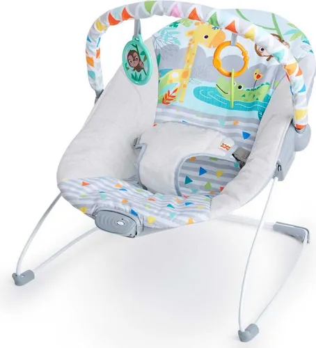 Bright Starts Babywippe Safari Fun - Babywippe & -schaukeln mit beruhigenden Vibrationen und abnehmbarem Spielbogen für spielerischen Komfort ab der Geburt bis 9 kg.