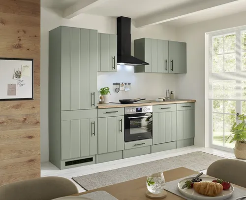 Küchenzeile Landhaus Grün Anton 280 cm mit Kühlschrank von Respekta
