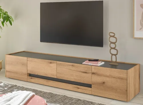 Furn.Design TV-Lowboard Center, Eiche Grau - Elegantes TV-Lowboard in 220 x 40 cm, aus FSC-zertifiziertem Holzwerkstoff mit grifflosen Fronten und geräumigen Schubladen. Ideal für Flat-TVs bis 70 Zoll und sorgt für Ordnung im Wohnzimmer.