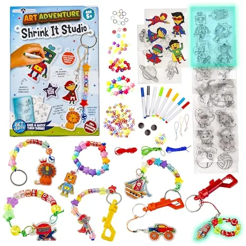 Original Stationery Art Adventure Shrink It Studio, Schlüsselanhänger-Set für Jungen, um tolle Charms mit über 110 Teilen zu machen, lustige Schrumpffarben-Kits für Kinder