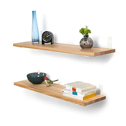 Rikmani Schweberegal Holzregal Wandregal TES Küchenregal Bücherregal Holz Regal Wand Regalbrett Esche für Schlafzimmer, Kinderzimmer, Büro Wandboard Metall 80 cm - Hell (Weiss)