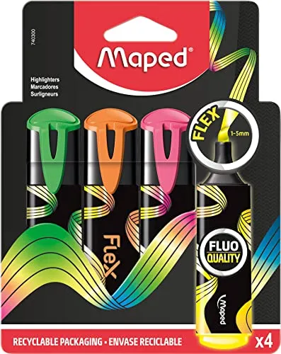 Maped - Textmarker, Markierstift FLUO PEPS FLEX - extra-weiche, flexible Spitze - perfektes Markier-Ergebnis - x4 Marker 740300