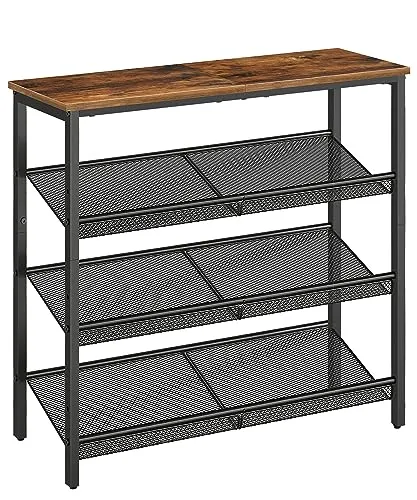 HOOBRO Schuhregal, 4 Schuhablage, Schuhschrank, verstellbares Metallgitterregal, Geräumige Oberseite, für 12-15 Paar Schuhe, Eingang, Korridor, Industrie, vintagebraun-schwarz EBF42XJ01