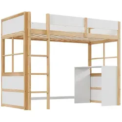 Hochbett,Kinderbett(Holzfarbe)Einzelbett,Sicherheitstreppe,mit Tisch, hohes Zaundesign - Braun