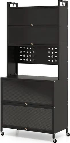 GOPLUS Küchenschrank mit 6 Ebenen, Buffetschrank mit Arbeitsplatte & Schränken, Vorratsschrank mit Klapptüren, Schwarz