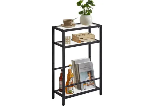 Beistelltisch Glastisch mit Zeitschriftenhalter Schwarz - Platzsparender Beistelltisch mit 3 Etagen, ideal für kleine Räume. Stabil und vielseitig einsetzbar als Nachttisch oder Lesetisch. Modernes Design mit klarer Glasplatte und schwarzem Metallrahmen.