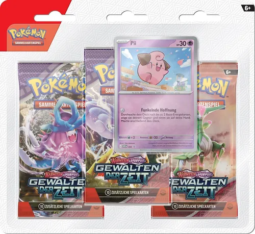 Pii | 3 Booster-Packs | Pokemon Karmesin & Purpur - Sammelkarten für Pokémon-Fans! Enthält 3 Booster-Packs mit 10 Karten, eine holografische Promokarte 'Pii' und einen Code für Pokémon-Sammelkartenspiel-Live. Erlebe die zeitlosen Mächte aus Vergangenheit und Zukunft!