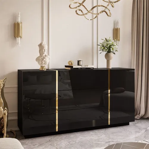 Kommode ONYX mit Schubladen - Schwarz Hochglanz & Push-Open - Moderne Kommode ONYX, ideal für stilvolle Innenräume. Mit glänzenden Fronten und goldfarbenen Akzenten sorgt sie für Ordnung und Eleganz in Ihrem Wohnzimmer.