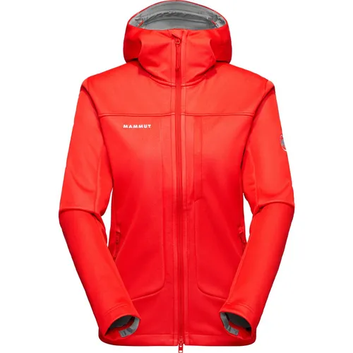 Mammut Ultimate VIII Softshell Hooded Jacket Women - Mammut Red (3778) M - Outdoor Freizeitjacke für Damen, ideal für Wanderungen und Skitouren. Mit strapazierfähigem WINDSTOPPER-Material, PFC-freier ePE-Membran und umweltfreundlichem Design für nachhaltige Abenteuer.