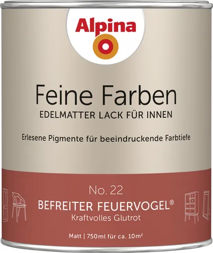 Alpina Feine Farben Lack No. 22 Befreiter Feuervogel® edelmatt 750ml - Edelmatte Innenfarbe in kraftvollem Glutrot, ideal für Holz, Metall und Kunststoff. Perfekt für kreative Projekte und stilvolle Akzente.