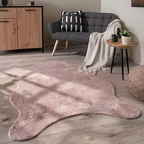Paco Home Waschbarer Teppich Wohnzimmer Schlafzimmer Kurzflor rutschfest Modern Flauschiger Fellteppich Fell Imitat Kunstfell, Grösse:60x90 cm Fell-Form, Farbe:Rosa