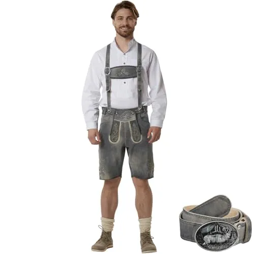 Lederhose Joshua - 56 - Hochwertige Herren-Lederhose aus 100% Rind-Spaltleder, mit traditionellen Stickereien und authentischen Knochenknöpfen. Ideal für Feste und als stilvolles Trachten-Outfit.