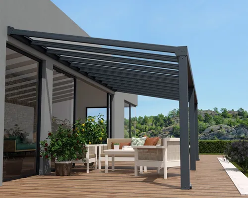 Palram - Canopia Aluminium Terrassenüberdachung Stockholm | Anthrazit | 341x810x324 cm - Außenanbau: Robuste Terrassenüberdachung mit 4 mm UV-geschütztem Polycarbonat-Dach, ideal für ganzjährige Nutzung und entspannte Grillabende.