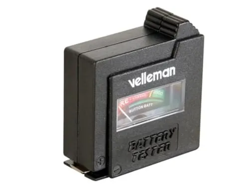 Velleman Batterietester, analog, für Standardbatterien (AAA, AA, C, D, E-Block 9 V) und Knopfzellen, kompakt, tragbar