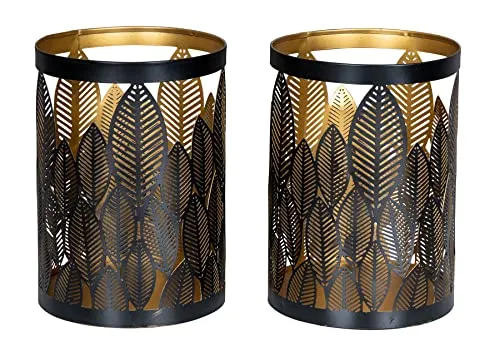 levandeo 2er Set Windlicht Schwarz Gold Metall - Elegantes 2er Set Windlichter aus Metall mit filigranem Blattdekor. Ideal als stilvolle Tischdeko für jeden Anlass. Größe je Windlicht: 13 x 18 cm.