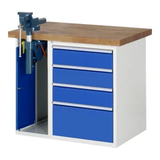 Rau Werkbank Modell 7510 mit 4 Schubladen und Schrank - Robuste Werkbank mit massiver Buche-Arbeitsplatte, ideal für Heimwerkerprojekte. Sofort einsatzbereit, inklusive 5 Jahre Qualitätsgarantie und hoher Belastbarkeit.
