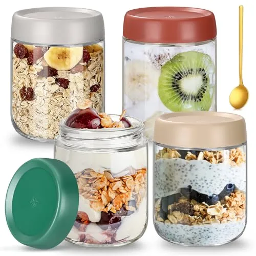 Luxoraiova 4 Stück Overnight Oats Gläser, 450ml Einmachgläser mit Schraubdeckel Als Mason Jar Meal Prep Gläse für Salat, Chutney, Joghurt, Pudding, Marmelade, Einlegen, Meal Prep Boxen