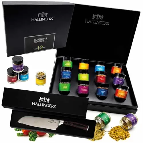 Hallingers Gewürz Geschenkset handgemacht, Bundle 12 Gewürze & Messer Premium - Made in Germany