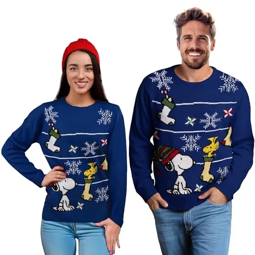 United Labels Snoopy Weihnachtspullover Unisex, Blau, L - Pullover für Herren mit festlichem Snoopy Design, ideal für den Partnerlook und gemütliche Wintertage. Aus 100% Acryl für hohen Tragekomfort und Pflegeleichtigkeit.