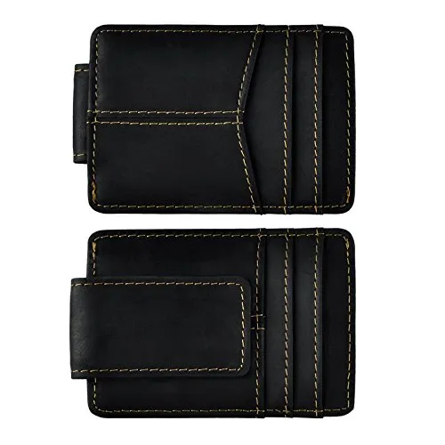 Le’aokuu Herren Echtes Leder Geldbörse Dollar Clip Kreditkartenetui Kreditkartenetui Schlanke Handliche Brieftasche 1017 (B Schwarz)
