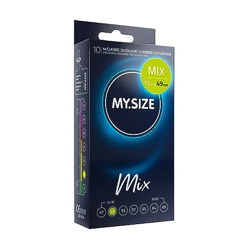 MY.SIZE Mix Premium Kondome Größe 2, 49 mm – 10 Stück | 4 Varianten: Classic, Genoppt, Blau & Rot |