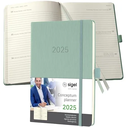 SIGEL C2572 Wochenplaner 2025 - Nachhaltiger A5 Kalender - Wochenkalender 2025 im edlen Hardcover-Design, 192 Seiten aus nachhaltigem Papier, mit praktischen Funktionen wie Gummiband und Stiftschlaufe für optimale Organisation im Arbeitsalltag.