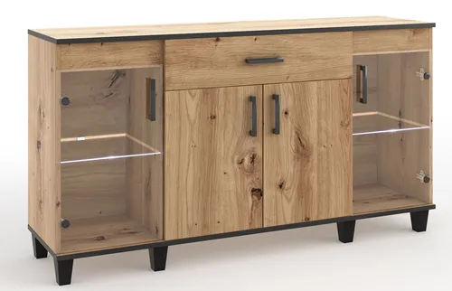 Kommode Sideboard Anrichte 160x40x90cm Artisan Eiche 4-türig - Elegantes 4-türiges Sideboard in Artisan Eiche, ideal für das Wohnzimmer. Mit praktischen Schubladen und Glaseinsätzen bietet es viel Stauraum und setzt stilvolle Akzente.