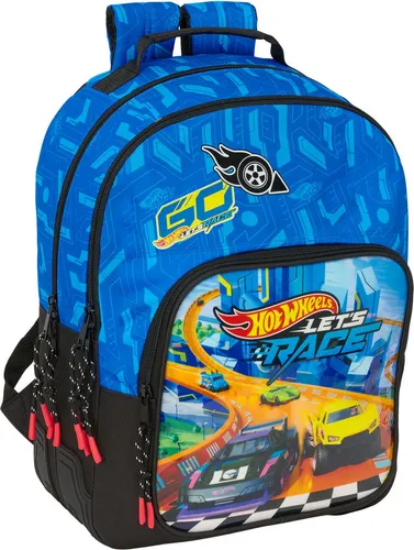 Safta Hot Wheels Let's Race Schulrucksack für Kinder - Robuster Schulrucksack in Blau/Schwarz, ergonomisch gestaltet mit gepolstertem Rücken, ideal für Kinder. Viel Platz und praktische Fächer für Trinkflaschen und mehr!