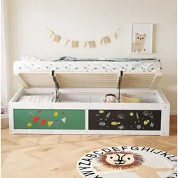 Bett Aus Holz In Weiß 90x200 Cm Mit Hydraulischem Stauraum, Tafel Und Bücherfach