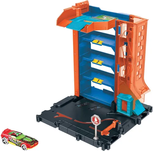 Hot Wheels City Downtown Parking Garage - Spielfahrzeuge mit 4 Ebenen, Hebebühne und transparenten Ausfahrten für spannende Abenteuer. Ideal für Kinder ab 4 Jahren und lässt sich mit anderen Hot Wheels®-Sets kombinieren!