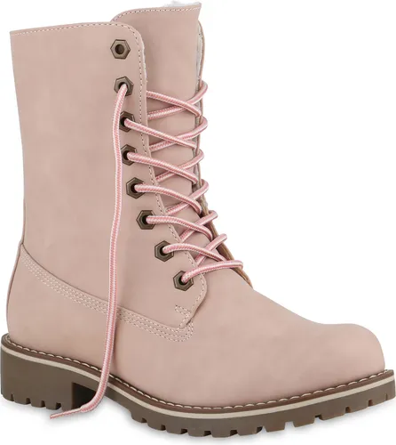 Mytrendshoe Schnürstiefeletten Damen Warm Gefütterte Stiefeletten Stiefel 813135, Farbe: Rosa, Größe: 40