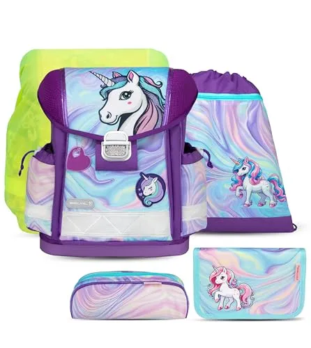 Belmil Schulranzen Set 403-13/AG/S/R 5 - teilig ergonomischer Schulranzen Set mit Regenschutz 1. klasse 2. klasse 3. klasse - Super Leicht 930-990 g/Grundschule (Unicorn Dream)