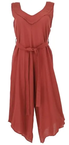 GURU SHOP Boho Jumpsuit - Ziegelrot, Damen, Baumwolle, Size:S/M - Jumpsuit für Damen mit weitem Schnitt und romantischem V-Ausschnitt, aus leichtem Baumwollmaterial – ideal für heiße Tage und vielseitig einsetzbar im Boho-Stil.