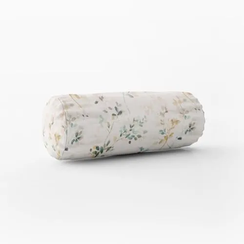 SCHÖNER LEBEN. Kissenhülle Blätterzweige Blüten weiß Pastell, Größe:15x40cm (ØxB) Nackenrolle