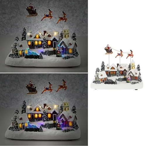 Cepewa LED Winterlandschaft Fliegender Santa Schlitten | 29x22cm Polyresin Bunte LEDs | batteriebetrieben An-/Ausschalter | Weihnachtsdekoration (1 x LED Winterlandschaft Schlitten)