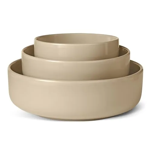 Amazon Basics Glasierte Steinzeug-Servierschalen, 3-Teiliges Set, Spülmaschinenfest, Leinengrau