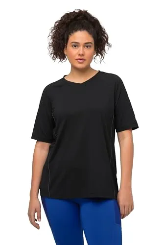 Ulla Popken Damen, UV-Schutz 50+, V-Ausschnitt, Halbarm T-Shirts, schwarz, 58-60