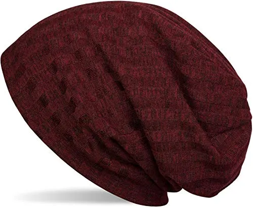 styleBREAKER warme Feinstrick Beanie Mütze mit Streifen Strick Muster und sehr weichem Fleece Innenfutter, Slouch Longbeanie, Unisex 04024108, Farbe:Bordeaux-Rot meliert