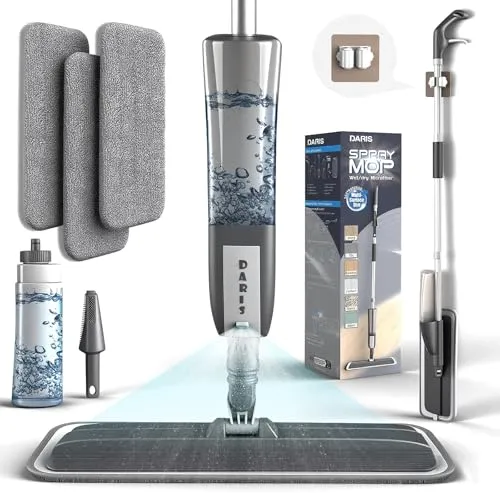 Grauer 360 Grad rotierender Sprühmopp, Wischer mit Sprühfunktion, Bodensprühwischer mit 3 waschbaren Mikrofaserpads, 400 ml große nachfüllbare Flasche und Schaber