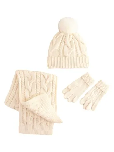 NEXT Mädchen Set mit Zopfmuster-Beanie, Schal und Handschuhen Ecru 110-116