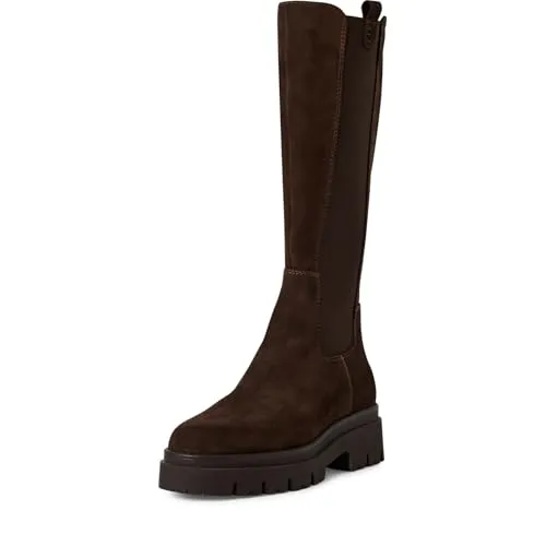 Tamaris Damen Stiefel Leder braun 40 - Stylische Langschaft-Stiefel mit elastischen Einsätzen und praktischem Reißverschluss. Das Touchit Memory Foam Fußbett sorgt für individuellen Komfort. Die griffige Profilsohle bietet sicheren Halt bei herbstlichen Abenteuern.