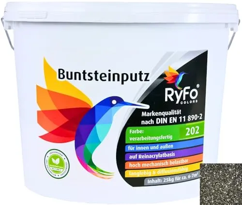 RyFo Colors Buntsteinputz Glitzereffekt 202 schwarz 25kg – Fertigputz für innen und außen - Hochwertiger Buntsteinputz mit Glitzereffekt, ideal für kreative Wandgestaltungen. Witterungsbeständig und strapazierfähig, sorgt er für eindrucksvolle Akzente in jedem Raum.