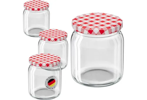 Wellgro Einmachglas mit Schraubdeckel TO 82, rot kariert - Hochwertiges Einmachglas mit rot kariertem Schraubdeckel für stilvolle und sichere Aufbewahrung von Lebensmitteln. Ideal zum Einkochen, bietet eine praktische Twist-Off-Technologie und ist in verschiedenen Größen erhältlich.