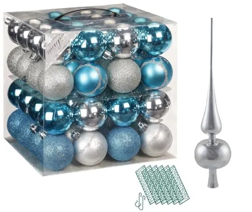 JACK 64x Kunststoff Christbaumkugeln Set mit Spitze - Weihnachtsbaumkugeln Set mit 64x Kugeln (Ø 6cm) und 28cm Spitze, ideal für sichere Dekoration – perfekt für jedes Weihnachtsfest!