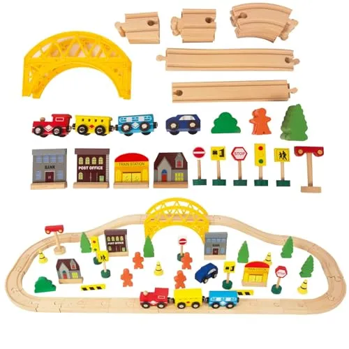 Stück Holzeisenbahn und Züge Pack Eisenbahn Anfängerset Kompatibel mit Thomas Passend für Eichhorn Zugset Kleinkinderspielzeug empfohlen ab 3 Jahren 60