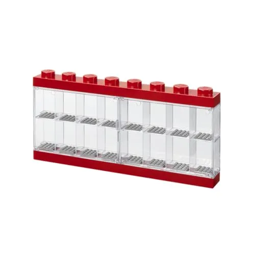 LEGO Minifiguren-Schaukasten für 16 Minifiguren, Stapelbare Wand- oder Tischbox, rot