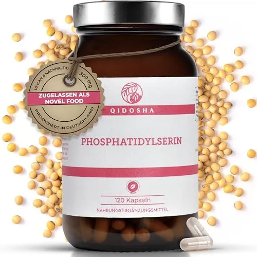 QIDOSHA® Phosphatidylserin Kapseln, 120 Kapseln im Apothekerglas - Multivitaminpräparate & Mineralien, hochdosiert mit 300mg Phosphatidylserin pro Tagesportion, vegan und laborgeprüft für optimale Qualität.